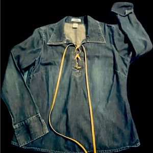 Dark denim collared shirt with leather ribbon